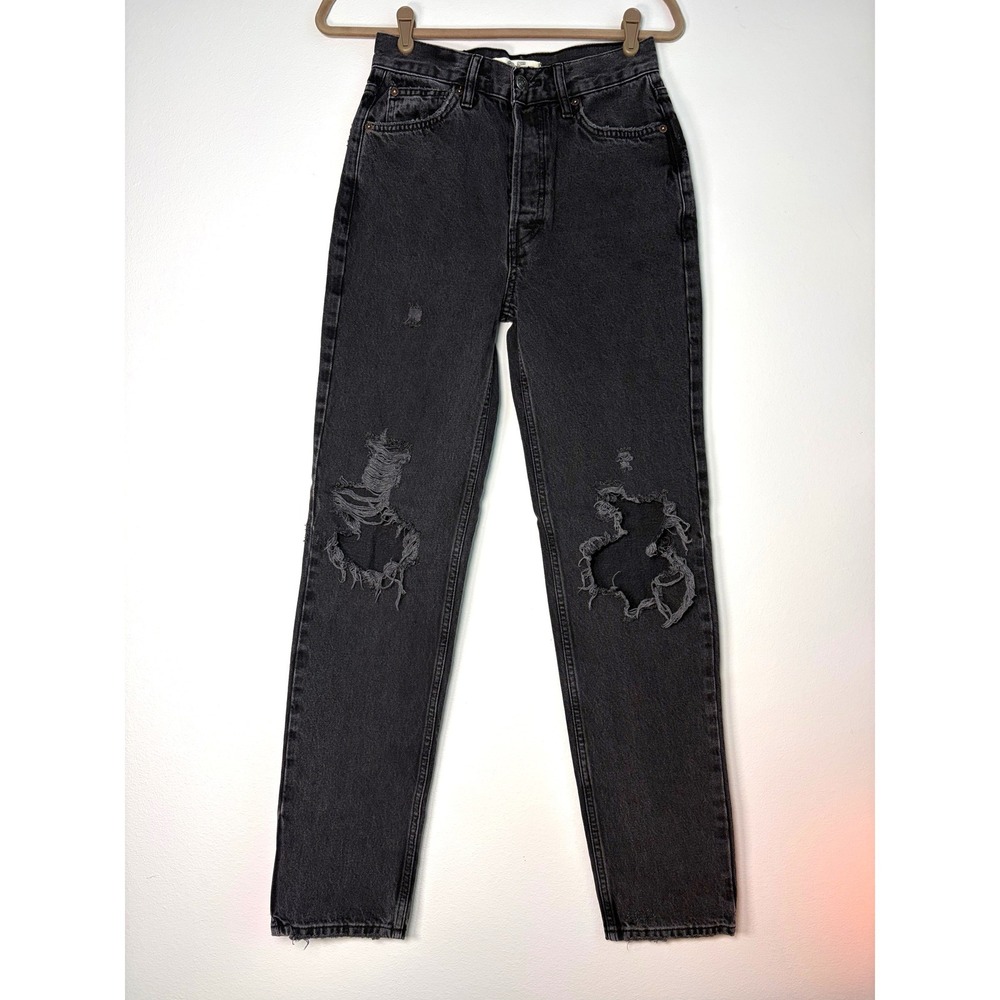 We The Free High Rise Distressed Straight Leg Jeans Washed Black Size 25